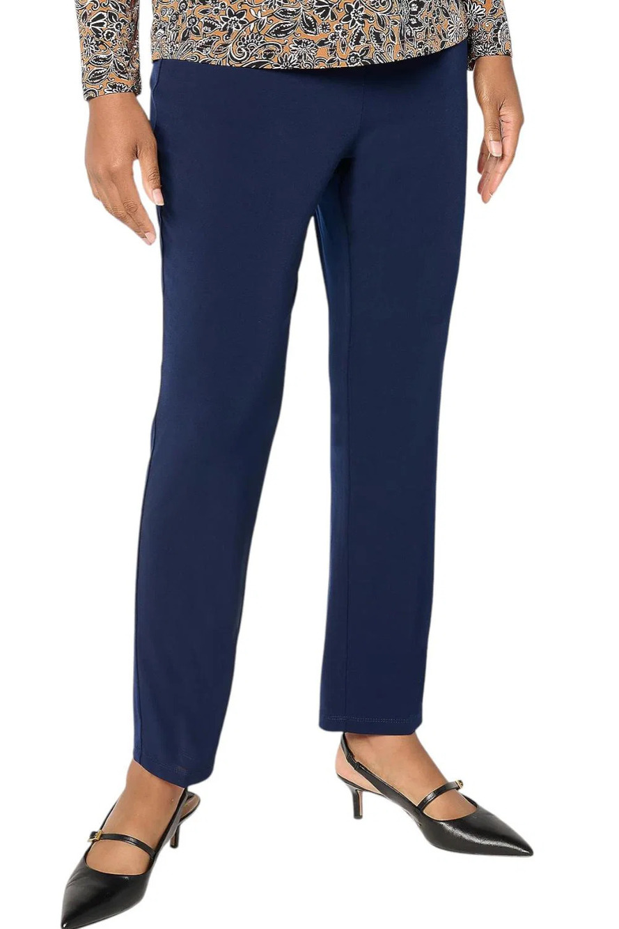 Susan Graver Women's Modern Essentials Liquid Knit Slim Pant Navy - Petite